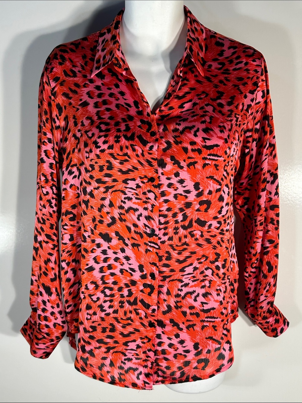 Q2 SZL Pink & Black Animal Print Silky Long Sleeve Blouse Spain Timeless Career